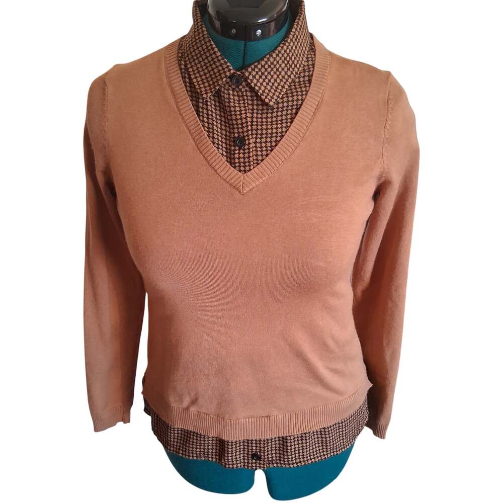 Adrianna Papell Small Camel Houndstooth Layered Look V Neck Sweater